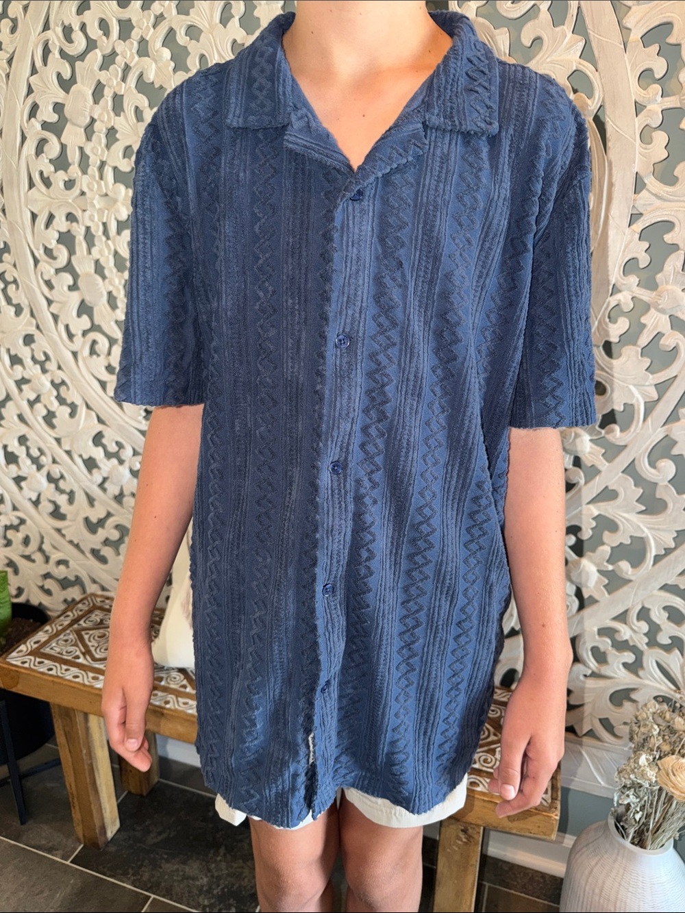 Sperry Navy Textured Short-Sleeve Button-Up Shirt